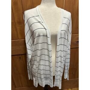 EUC Eileen Fisher Organic Linen Stripe Cardigan Size L Cottage Core Coastal